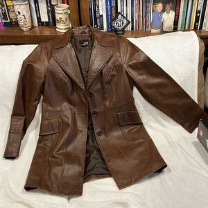Ana vintage car length brown leather coat.